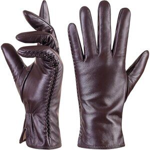 🆕 Women Brown Leather Gloves Genuine Winter Warm Touchscreen Texting Driving